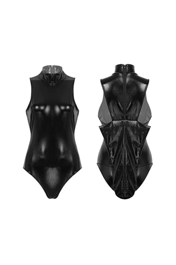 JIANGKE Lingerie une pièce sexy métallique brillante pour femme avec dos et gant de brassard, col montant, coupe haute, jeu d