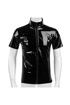 SARGE Plus Taille Hommes Cuir Brillant Chemise à Manches Courtes Mise en Forme Gaine Manteau décontracté Homme Brillant Métal