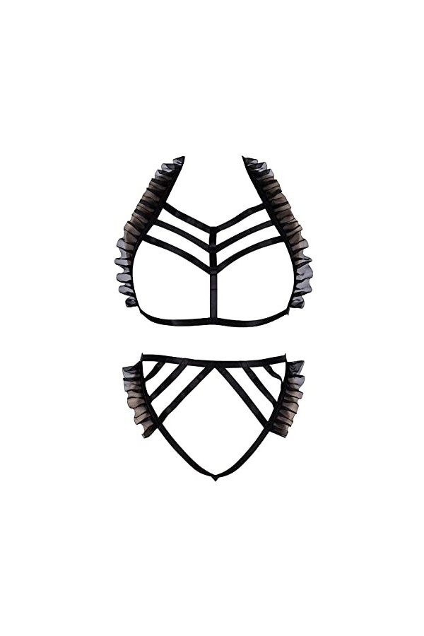 JMMHSS Ensemble de harnais de corps grande taille dentelle tissu extensible gothique Halloween sangle de poitrine ceinture Fe