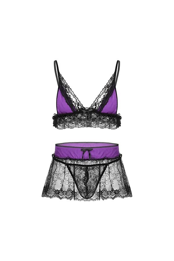 Ensemble de lingerie brésilienne sexy pour homme en dentelle spaghetti, soutien-gorge avec mini jupe et string, Noir , L