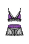 Ensemble de lingerie brésilienne sexy pour homme en dentelle spaghetti, soutien-gorge avec mini jupe et string, Noir , L