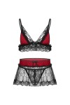 Ensemble de lingerie brésilienne sexy pour homme en dentelle spaghetti, soutien-gorge avec mini jupe et string, Noir , L