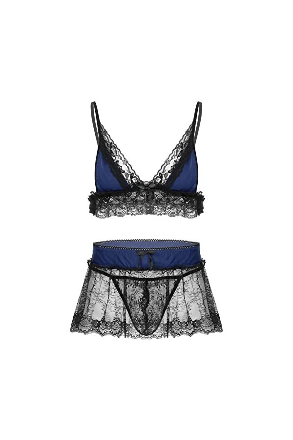 Ensemble de lingerie brésilienne sexy pour homme en dentelle spaghetti, soutien-gorge avec mini jupe et string, Noir , L