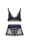 Ensemble de lingerie brésilienne sexy pour homme en dentelle spaghetti, soutien-gorge avec mini jupe et string, Noir , L
