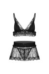Ensemble de lingerie brésilienne sexy pour homme en dentelle spaghetti, soutien-gorge avec mini jupe et string, Noir , L
