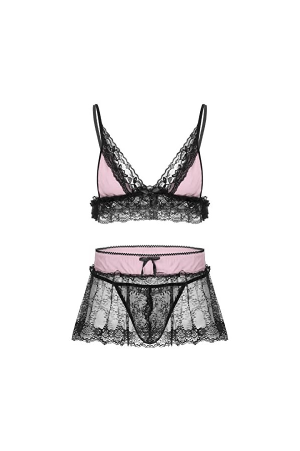 Ensemble de lingerie brésilienne sexy pour homme en dentelle spaghetti, soutien-gorge avec mini jupe et string, Noir , L