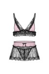 Ensemble de lingerie brésilienne sexy pour homme en dentelle spaghetti, soutien-gorge avec mini jupe et string, Noir , L
