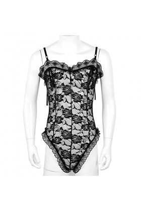 Lingerie érotique pour homme - Lingerie pour homme - Body moulant - Bretelles spaghetti - Transparentes - Tétons en dentelle 