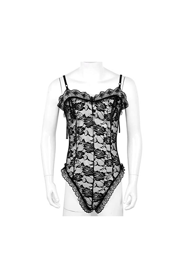 Lingerie érotique pour homme - Lingerie pour homme - Body moulant - Bretelles spaghetti - Transparentes - Tétons en dentelle 
