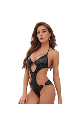 HHRHLKNH Lingerie Et Vetements Sexy Bretelles Creuses Dos Ouvert sous-Vêtement Sexy Une Pièce en PU Pyjama Féminin Grande Tai
