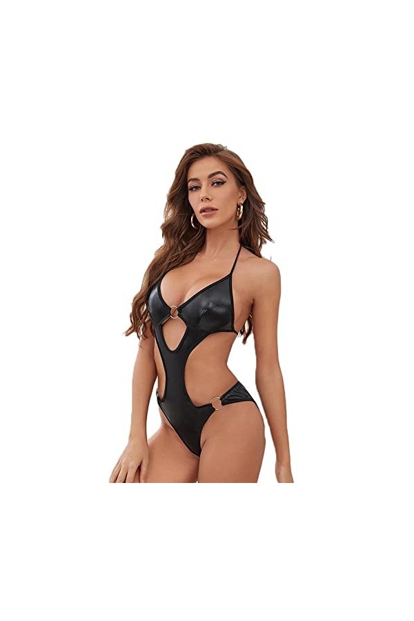 HHRHLKNH Lingerie Et Vetements Sexy Bretelles Creuses Dos Ouvert sous-Vêtement Sexy Une Pièce en PU Pyjama Féminin Grande Tai