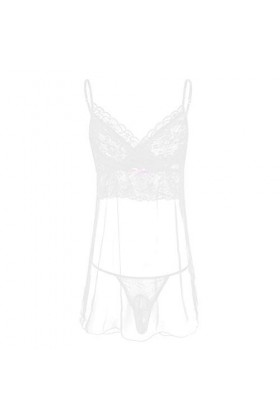 JUN-STORE Senmiao-Vêtements 2pcs Mini Lace Manches Hommes Robe Lingerie avec G-String Notte sous-vêtements de Nuit à Cordes 