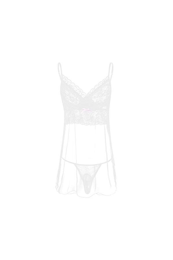 JUN-STORE Senmiao-Vêtements 2pcs Mini Lace Manches Hommes Robe Lingerie avec G-String Notte sous-vêtements de Nuit à Cordes 