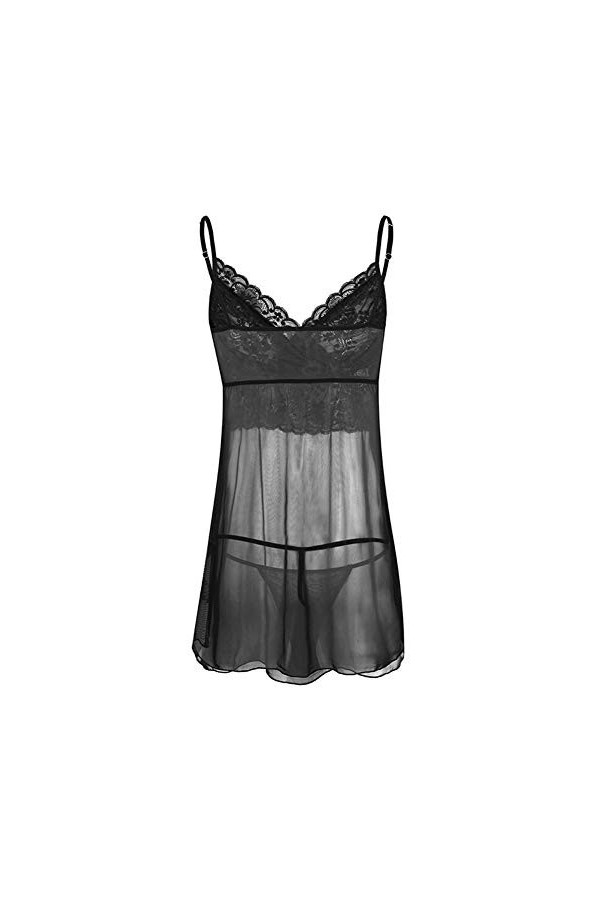 JUN-STORE Senmiao-Vêtements 2pcs Mini Lace Manches Hommes Robe Lingerie avec G-String Notte sous-vêtements de Nuit à Cordes 