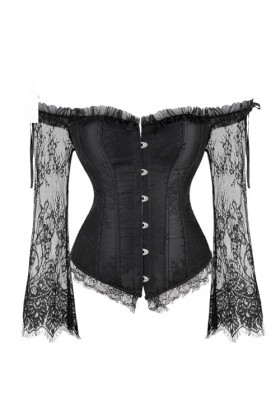 Niiyyjj Corset bustier lingerie pour femme avec dentelle maille manches longues grande taille dentelle florale Korset, noir, 