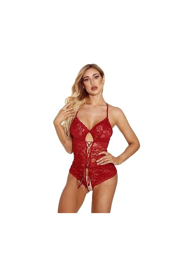Femmes Sexy Dentelle Fichier Ouvert Corset Teddy sous-Vêtements De Nuit Babydoll Vêtements De Nuit Color : Red, Size : M 