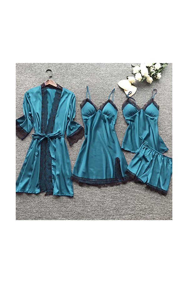 YpingLonk Sleepwear Silk Femmes Nightdress Dentelle Robe Robe Pyjama Set Lingerie Tenu Sexy Lingerie Blue, XXL 
