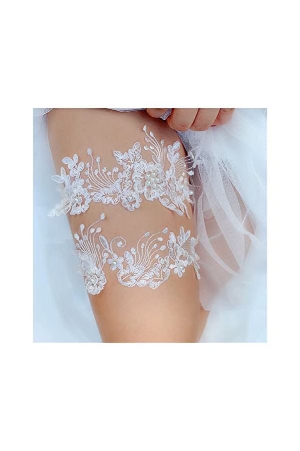 HEIMP 2 pièces Mariage jarretière Dentelle Perles Broderie Fleur Sexy jarretières Femmes/Femme/mariée Cuisse Anneau mariée De
