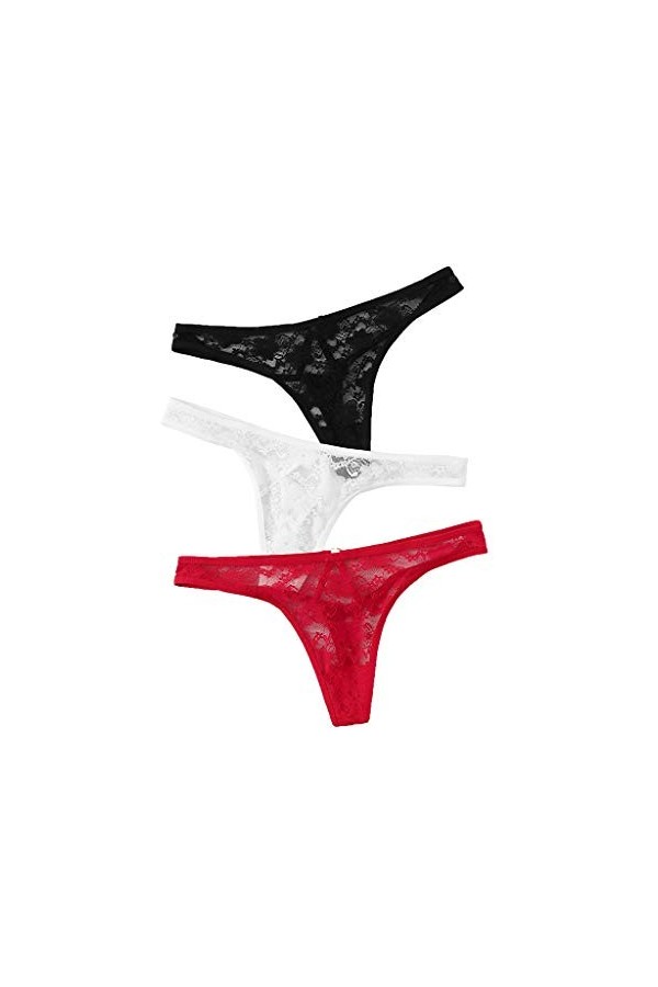 LOPILY Lot de 3 Strings en Dentelle Transparente Erotique Hipster Sexy Culotte Culotte Culotte Confortable - Rouge - XXL