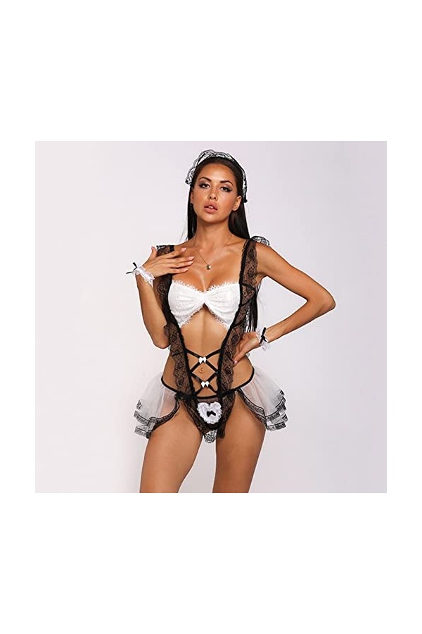 ZZDGFC Costume Sexy Robe de Femme de Chambre Uniforme Lingerie pour Femmes Jeu de rôle Dentelle Body Cosplay serviteur frança