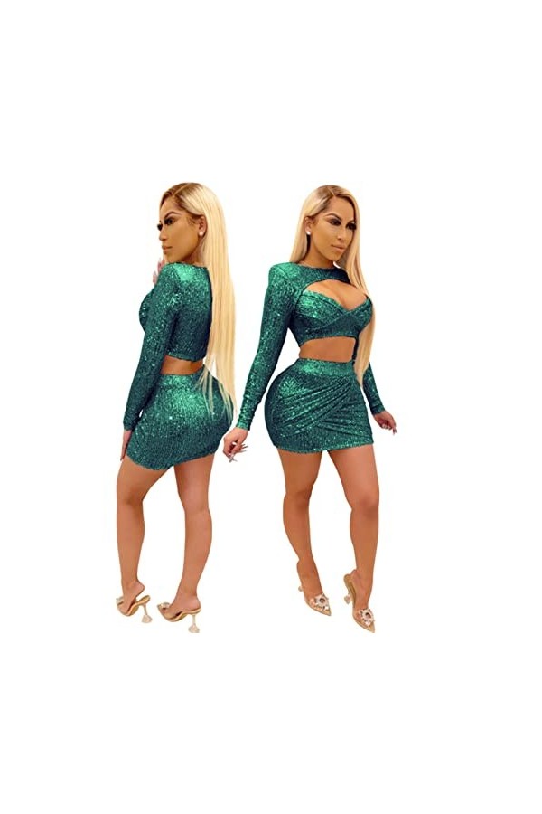 VUHF 2020 Summer Women Ensembles Robes Tops de Trou à Paillettes + Jupes Converses Sexy Elegant Two Morceau Set Sight Club Pa