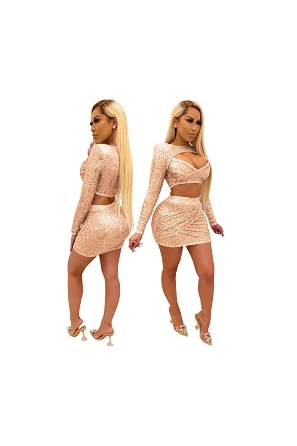 VUHF 2020 Summer Women Ensembles Robes Tops de Trou à Paillettes + Jupes Converses Sexy Elegant Two Morceau Set Sight Club Pa