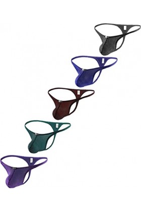 iKingsky Hommes Grande Poche G-string Sexy Taille Basse Renflement Thong Sous-vêtements Y-Back Tanga Sous-vêtements, Lot de 5