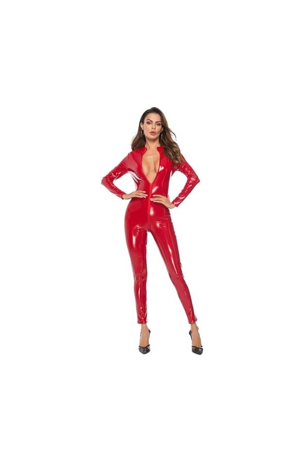 HYQPAI Combinaison de femme en cuir de PU Jumpsuit Wetlook avec fermeture à glissière sur le devant PVC extensible Une pièce 