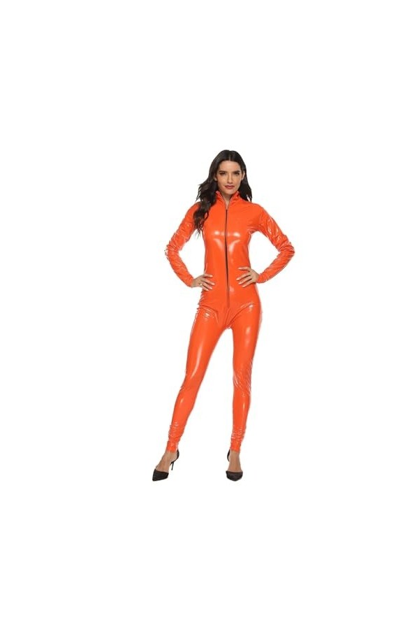HYQPAI Combinaison de femme en cuir de PU Jumpsuit Wetlook avec fermeture à glissière sur le devant PVC extensible Une pièce 