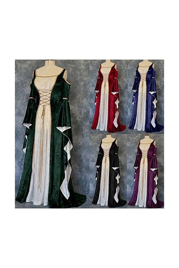 KBOPLEMQ Vêtements médiévaux pour femme - Manches trompettes - Robe de reine - Robe de bal - Halloween - Costume de carnaval 