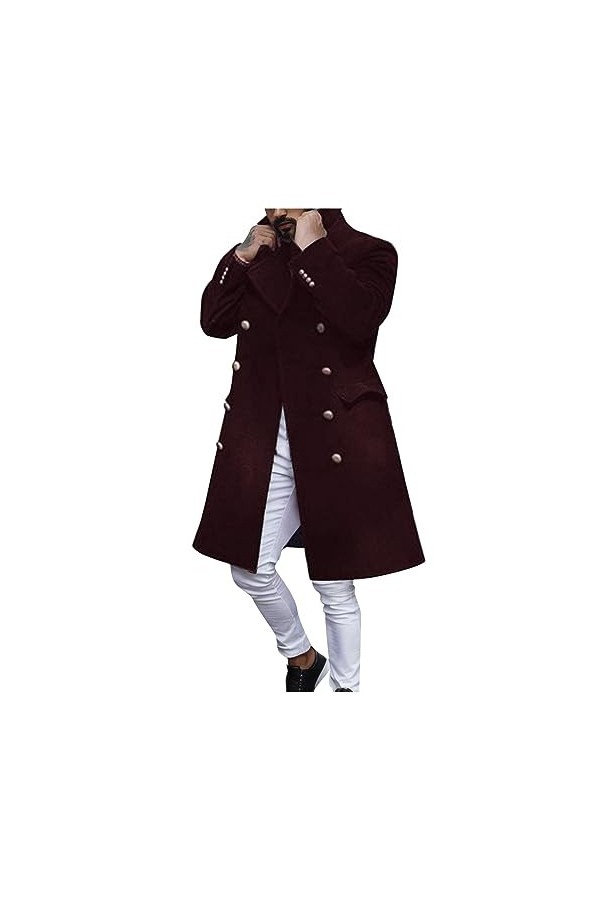 Mymyguoe Hommes Casual Slim Fit Laine Manteau Longue Veste Col cranté Trench Coat Simple boutonnage Manteau Hiver Chaud Outwe
