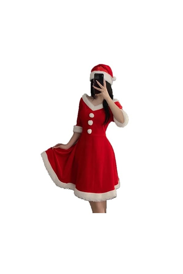 Costume de Père Noël sexy pour femme - Robe de Noël rouge à épaules dénudées - Robe de cocktail - Tenue de fête delfe en vel