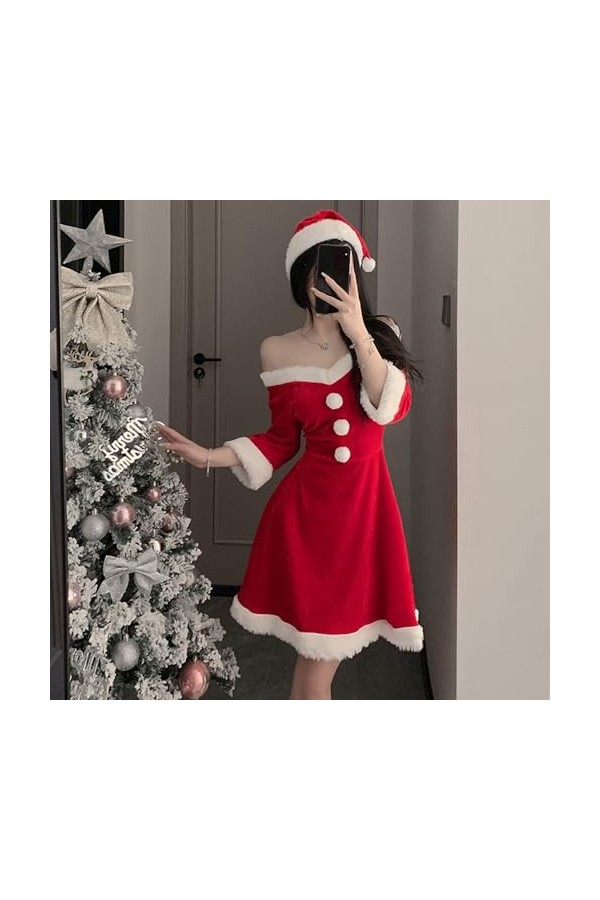 Costume de Père Noël sexy pour femme - Robe de Noël rouge à épaules dénudées - Robe de cocktail - Tenue de fête delfe en vel