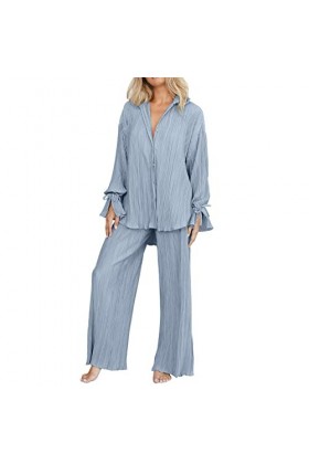 Ensemble de Pyjama Femme 2 pièces Pyjama en Satin en Soie avec Poches Manche Longue Classique Vetements de Nuit V-Neck Top Bo