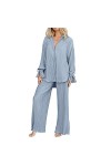 Ensemble de Pyjama Femme 2 pièces Pyjama en Satin en Soie avec Poches Manche Longue Classique Vetements de Nuit V-Neck Top Bo