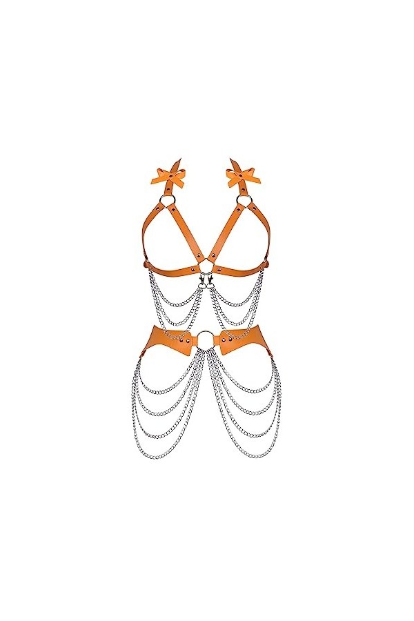 Femmes Body Strap Cuir Bra Set Full Creux Mode Garter Ceinture Punk Gothique orgie Halloween Party Dance Costume Orange - Ja