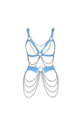 Femmes Body Strap Cuir Punk Bra Creux Cupless Mode Garter Set Gothique Halloween Rave Dance Costume Ciel Bleu 
