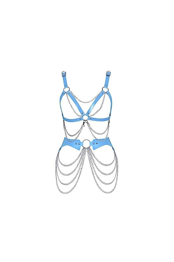 Femmes Body Strap Cuir Punk Bra Creux Cupless Mode Garter Set Gothique Halloween Rave Dance Costume Ciel Bleu 