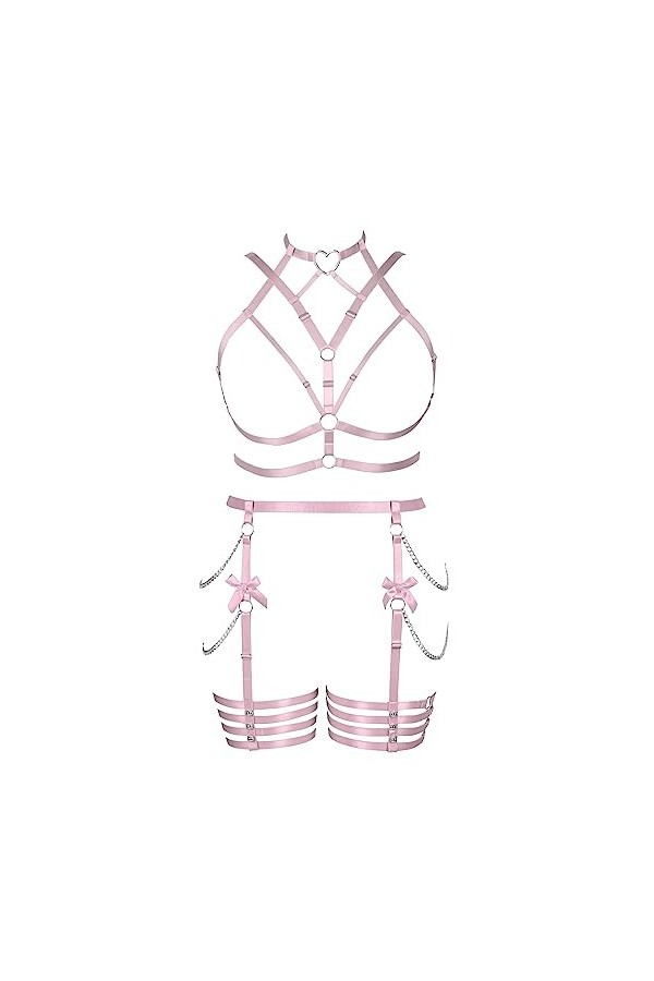 Femmes Body Strap Punk Bra Plus Size Mode Hollow Body Cage Garter Set Goth Party Halloween Rave Costume Rose 