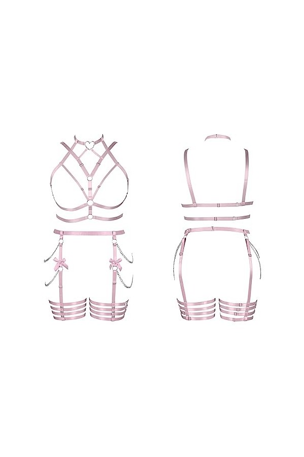 Femmes Body Strap Punk Bra Plus Size Mode Hollow Body Cage Garter Set Goth Party Halloween Rave Costume Rose 