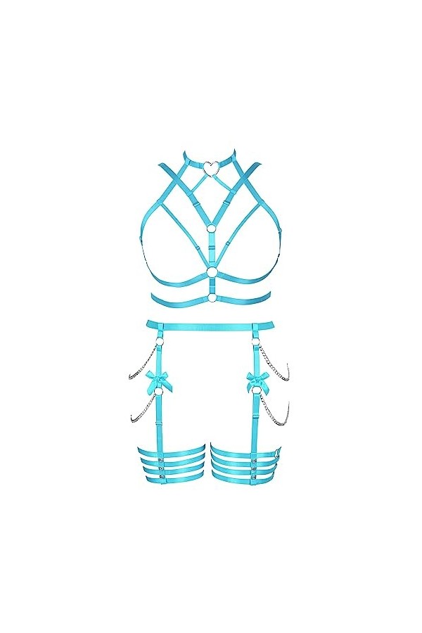 Femmes Body Strap Punk Bra Plus Size Mode Hollow Body Cage Garter Set Goth Party Halloween Rave Costume Ciel Bleu 