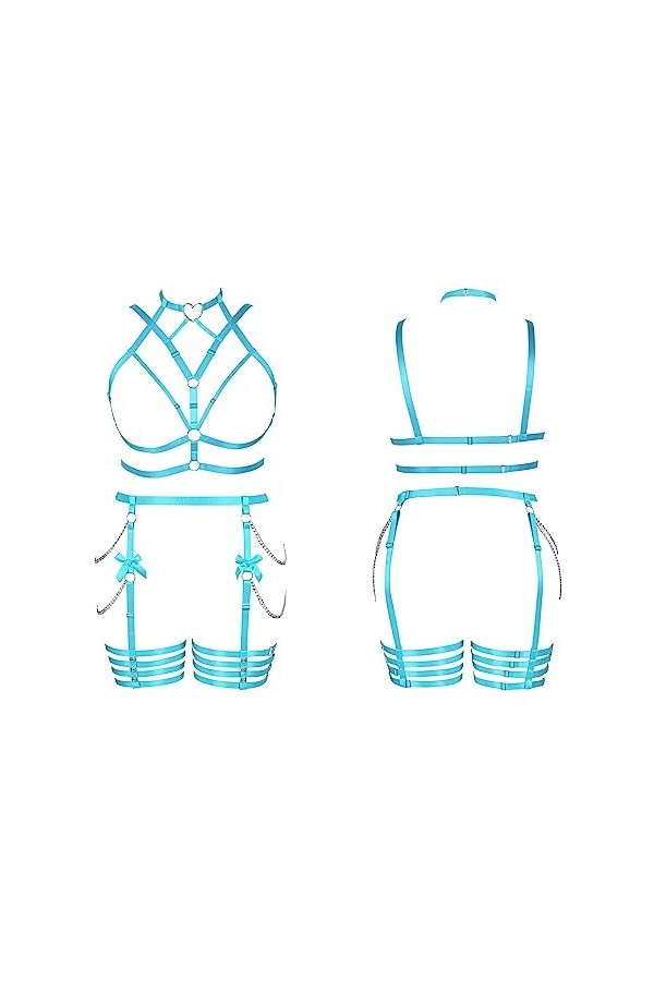 Femmes Body Strap Punk Bra Plus Size Mode Hollow Body Cage Garter Set Goth Party Halloween Rave Costume Ciel Bleu 