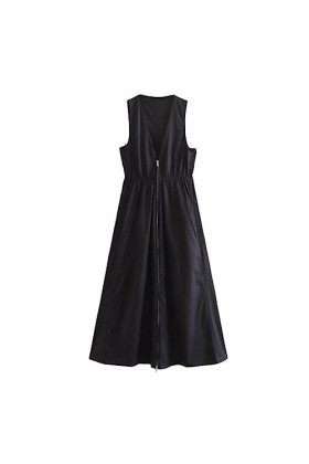 Femmes élégantes Solides Robes Longues été Fermeture éclair sans Manches Robes surdimensionnées fête de la Mode