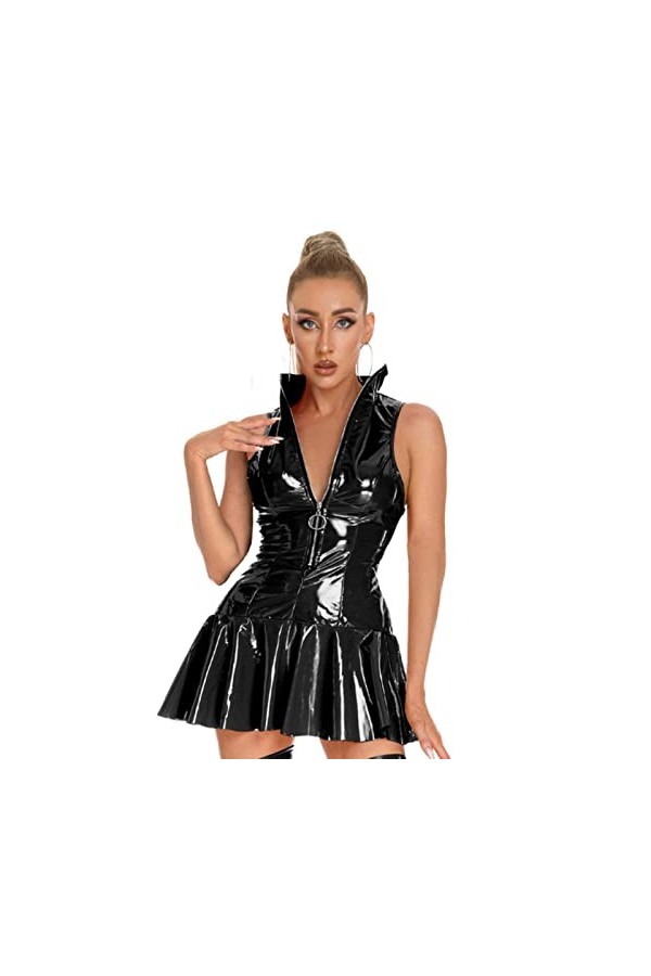 CABULE Robe chaude plissée sans manches en PVC effet mouillé - Robe chaude plissée en cuir synthétique brillant - Cosplay - C