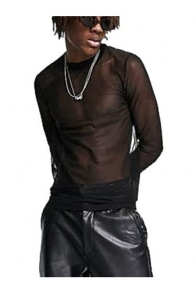 RICOCHO Chemise en Maille Transparente Noire pour Hommes Sexy à Manches Longues Haut Transparent sous-vêtement en résille Sex