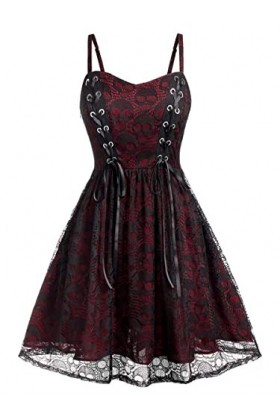 Ro Rox Tête de Mort Robe Lilian Gothique Corset Baby Doll Dentelle Sangle Sexy, Rouge, M