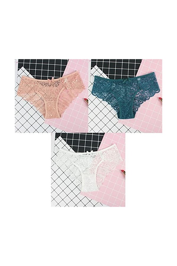 AKSPET Femme Slips 3 pièces/Paquet Sexy Femmes Dentelle Culottes sous-vêtements Dentelle Slips Transparent Floral Arc Doux Li
