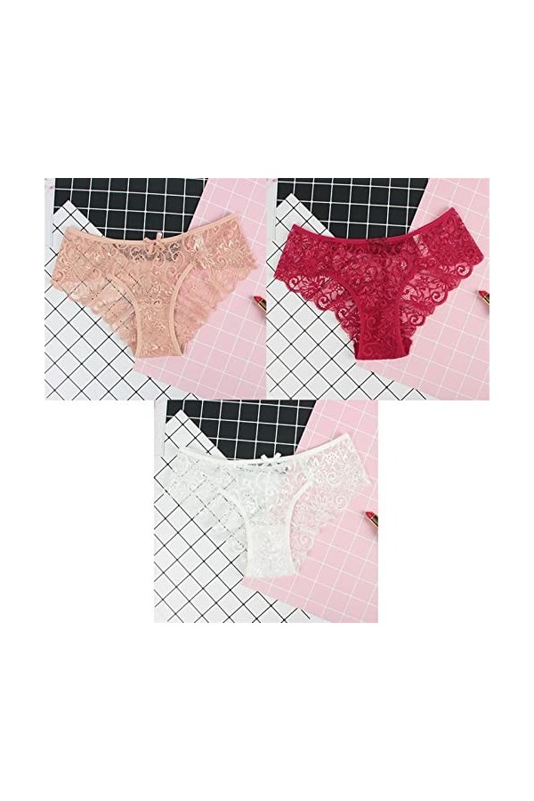 AKSPET Femme Slips 3 pièces/Paquet Sexy Femmes Dentelle Culottes sous-vêtements Dentelle Slips Transparent Floral Arc Doux Li