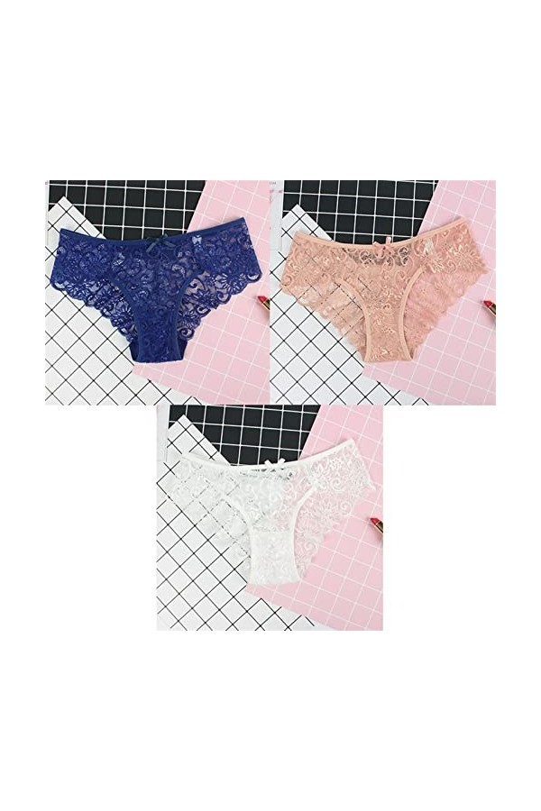 AKSPET Femme Slips 3 pièces/Paquet Sexy Femmes Dentelle Culottes sous-vêtements Dentelle Slips Transparent Floral Arc Doux Li