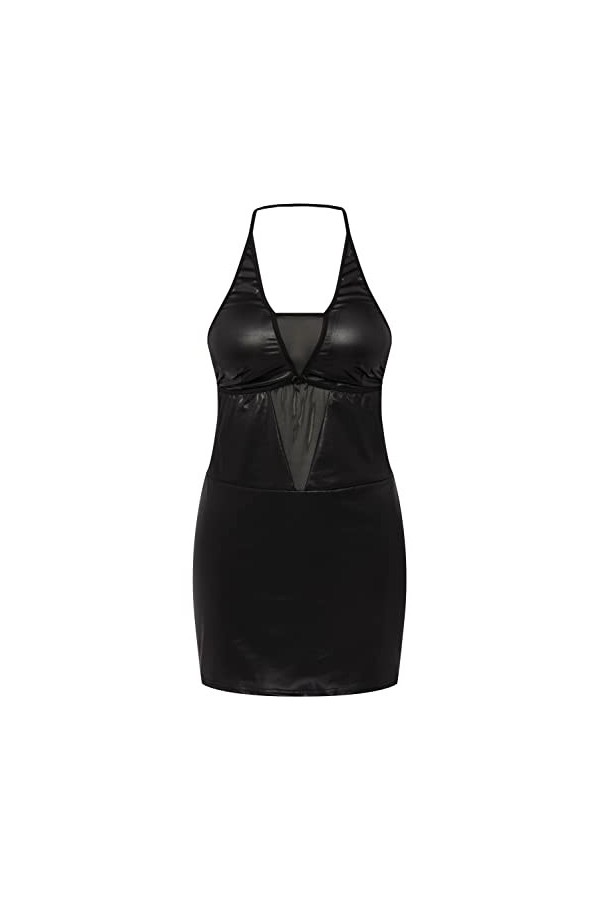 Ulla Popken Femme Grandes Tailles 2 pièces, négligé + String, empiècement en Mesh, Wetlook Noir 54+ 816195100-54+